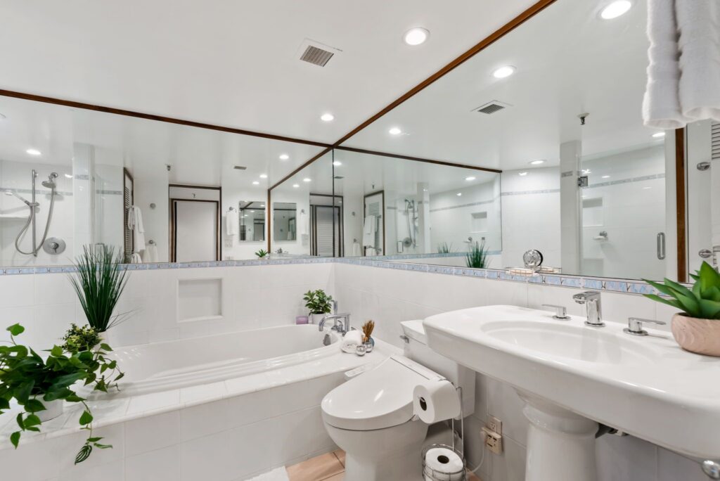 Bathroom with soaking tub, shower, and upgraded fixtures.
