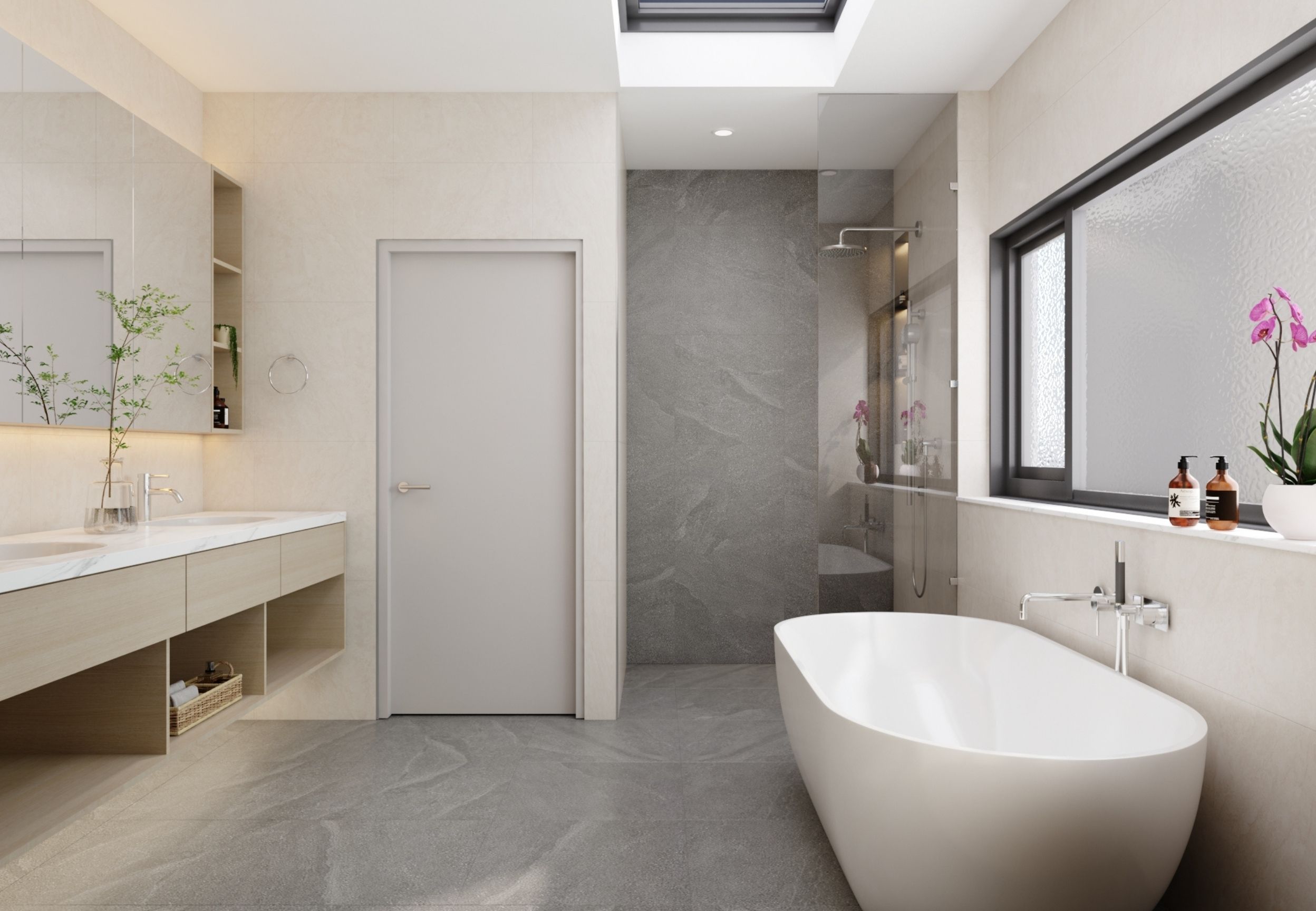 Designer bathroom with soaking tub, custom vanity, and premium finishes.
