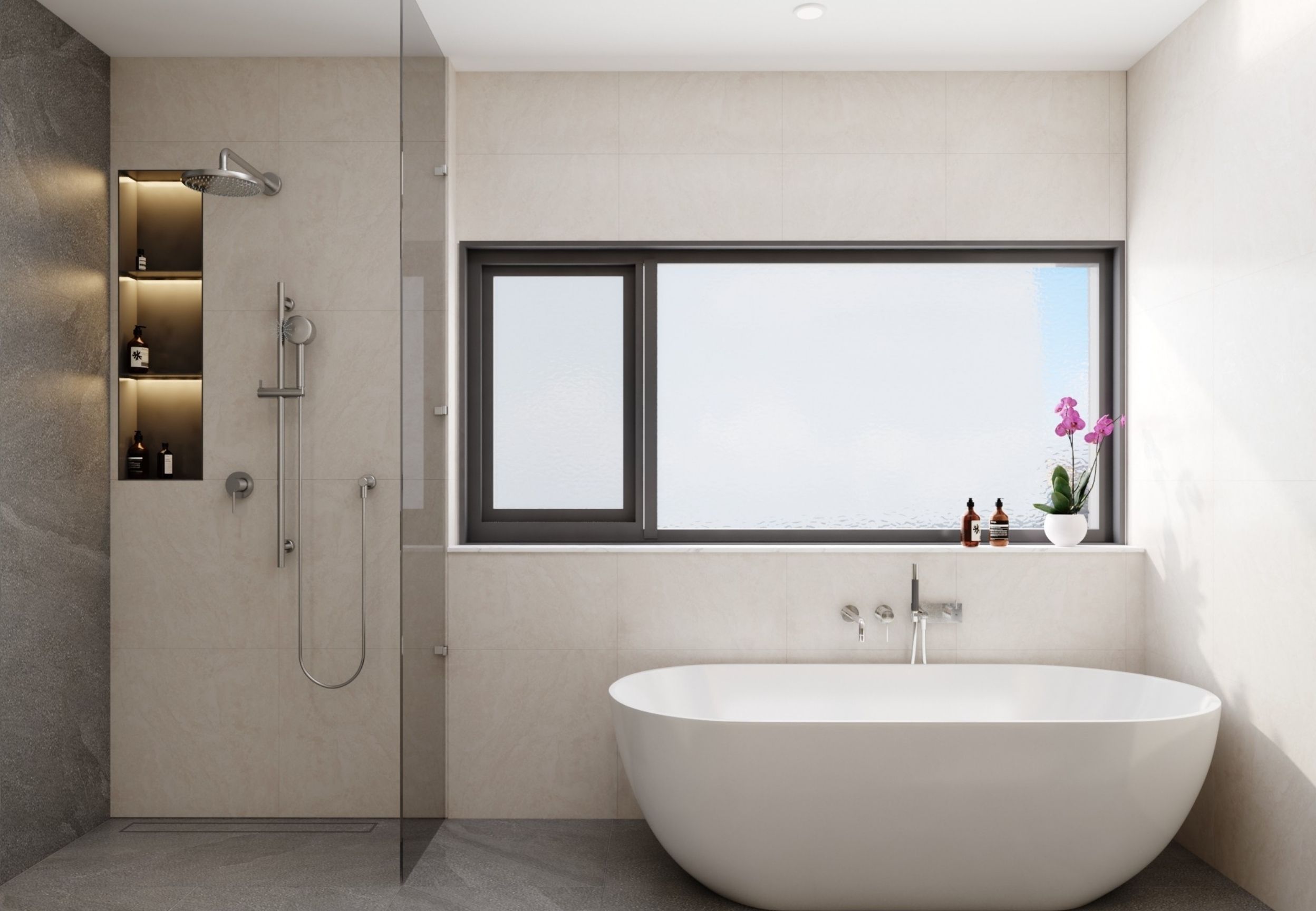 Luxury ensuite featuring a freestanding tub, walk-in shower, and modern island-inspired design.