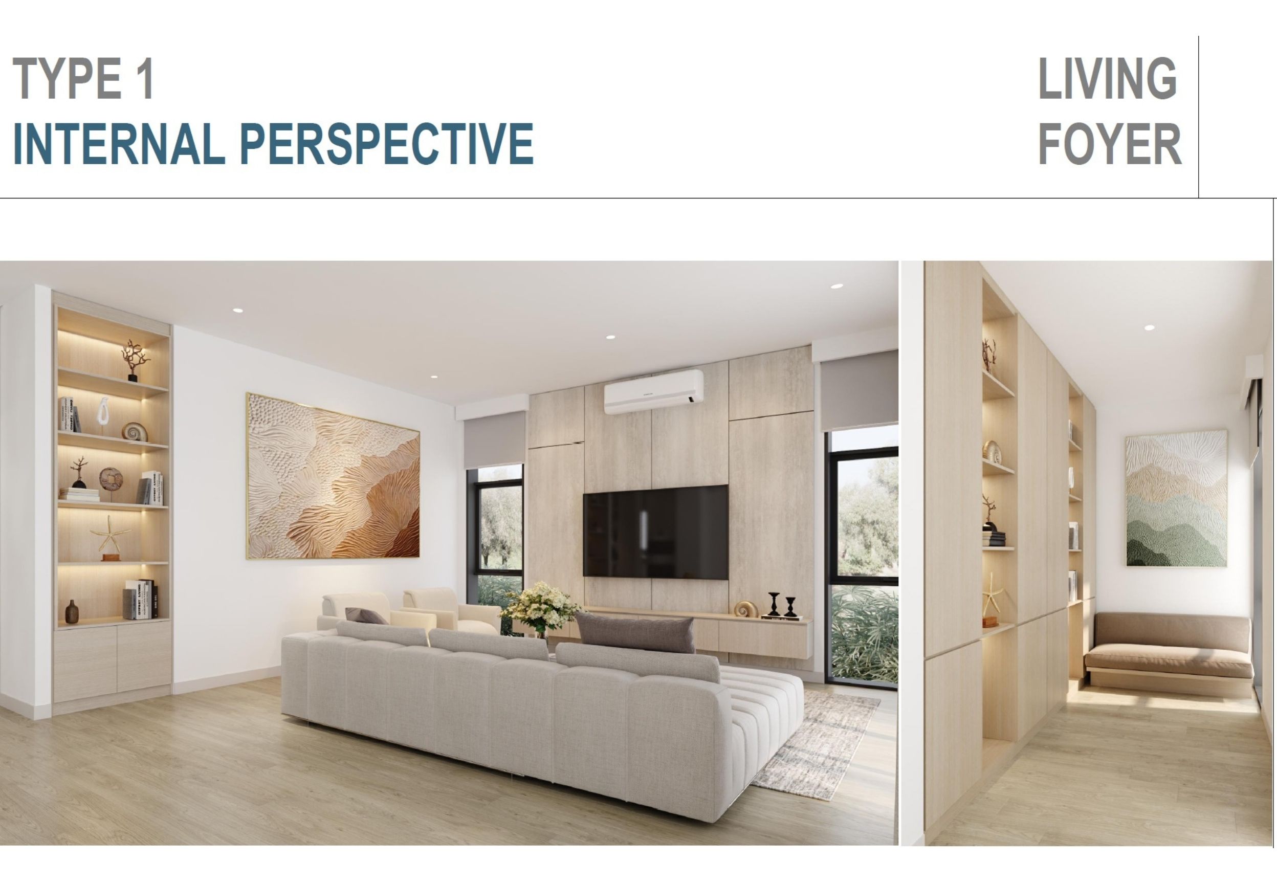 Modern living room with custom built-ins and open-concept design at The Villas on the 8th.