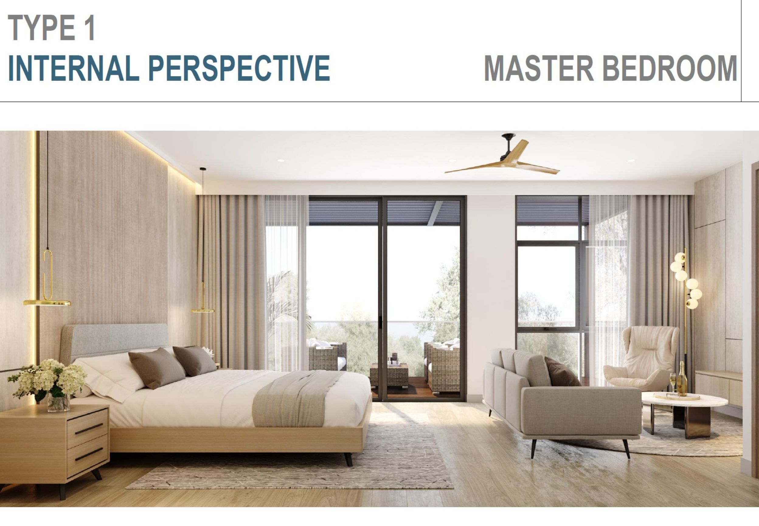 Luxury primary suite with private lanai and spacious retreat at The Villas on the 8th.