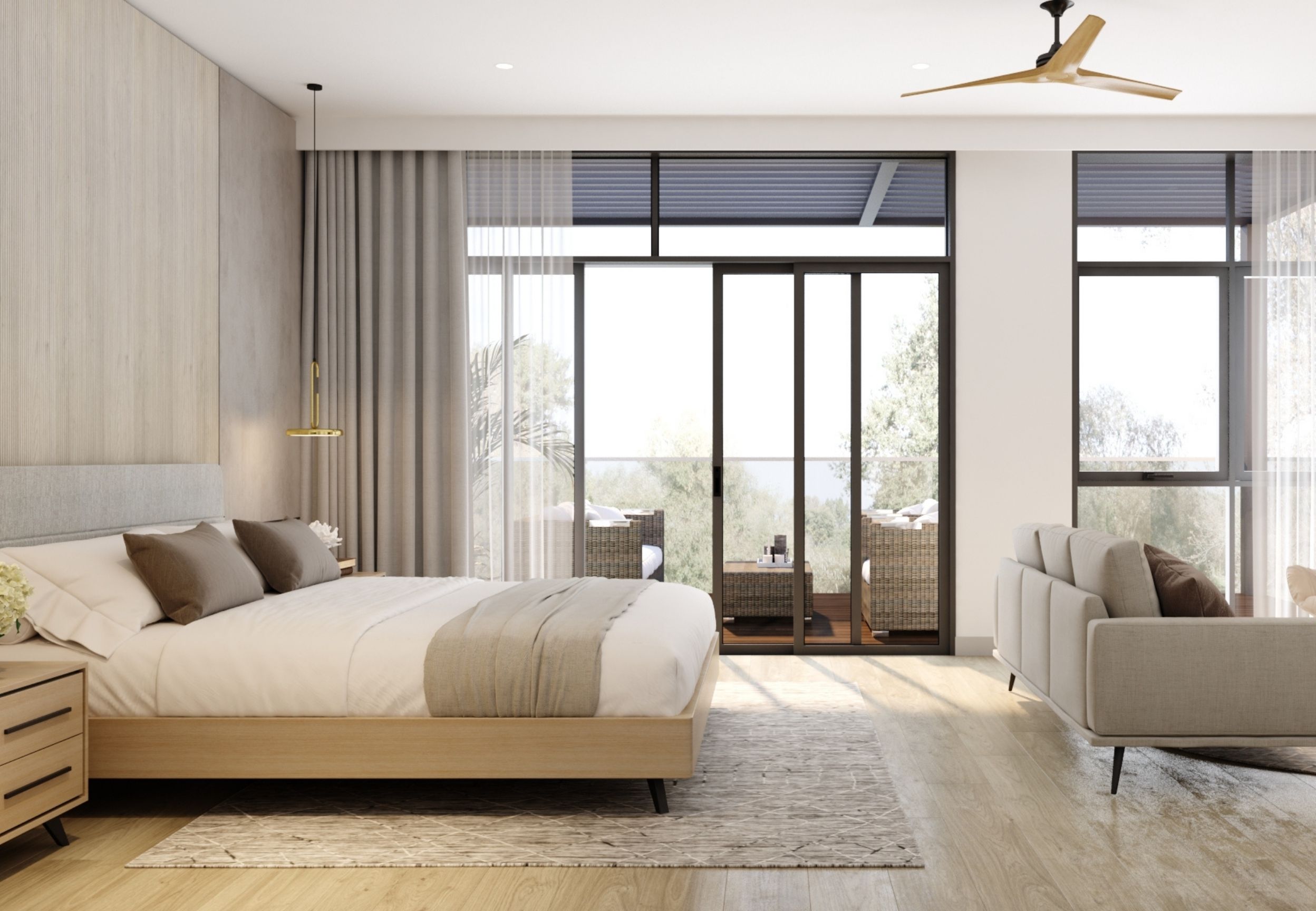 Primary bedroom with floor-to-ceiling glass doors opening to a private outdoor lanai.