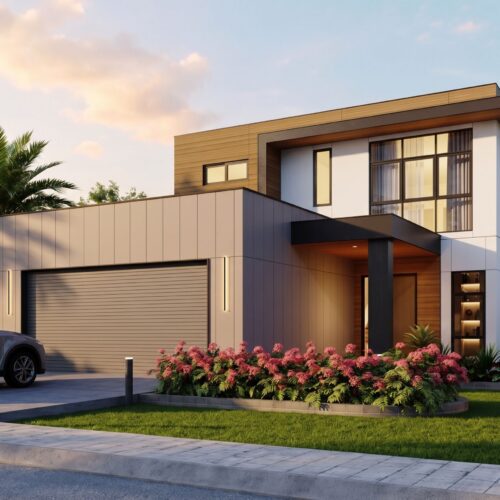 Contemporary luxury villa rendering with landscaped entry and golf course community setting in Hawaii Kai.