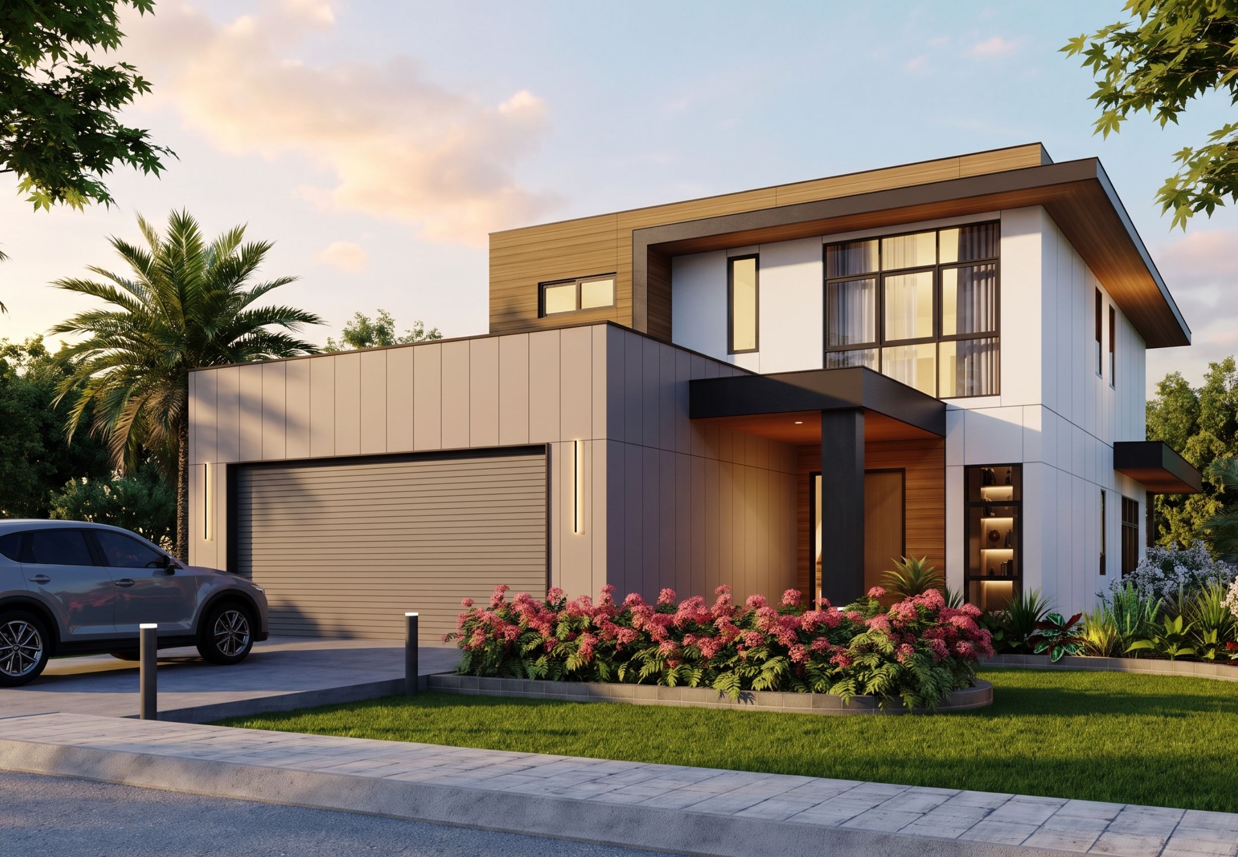 Contemporary luxury villa rendering with landscaped entry and golf course community setting in Hawaii Kai.