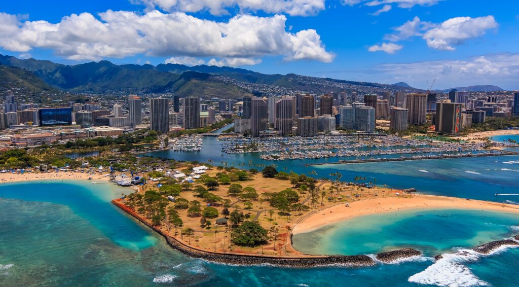 Aerial view of Ala Moana Beach Park in Honolulu Hawaii from a helicopter