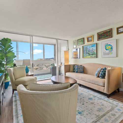 Living room at Banyan Tree Plaza #3205 in Honolulu
