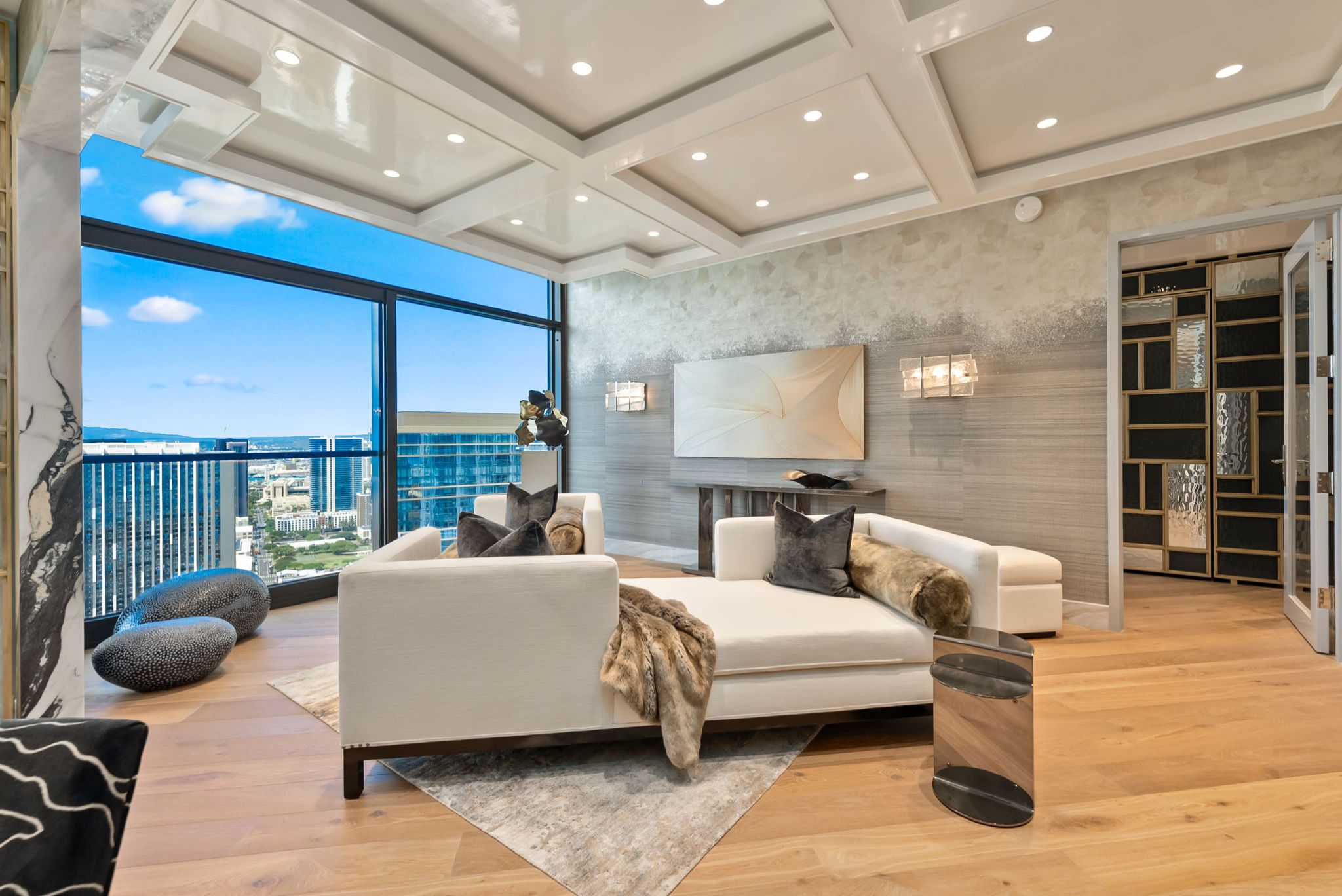 Luxury living room featuring custom ceilings, European White Oak flooring and panoramic views