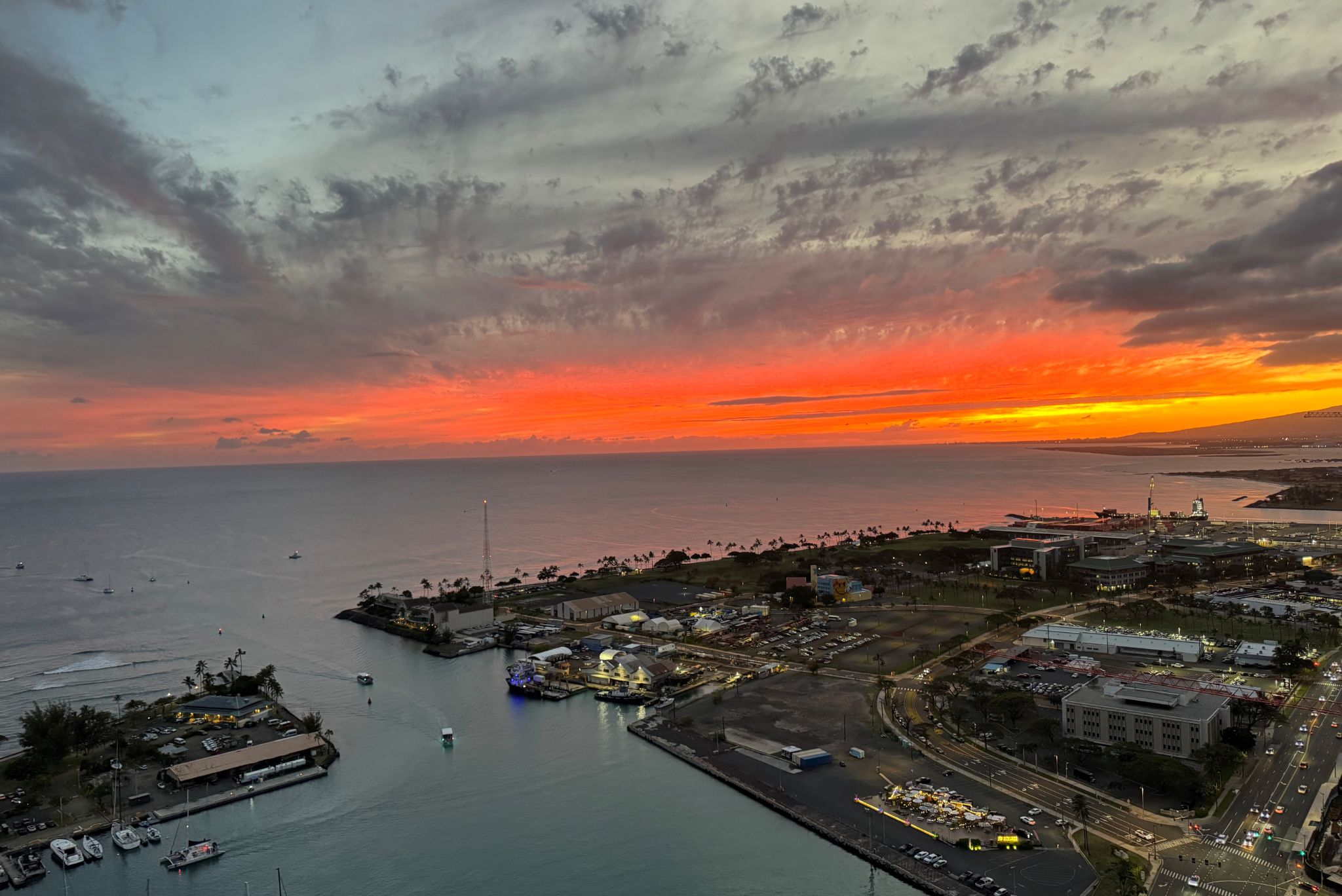 Sunset ocean and marina view from Grand Penthouse 4003 at Victoria Place in Honolulu