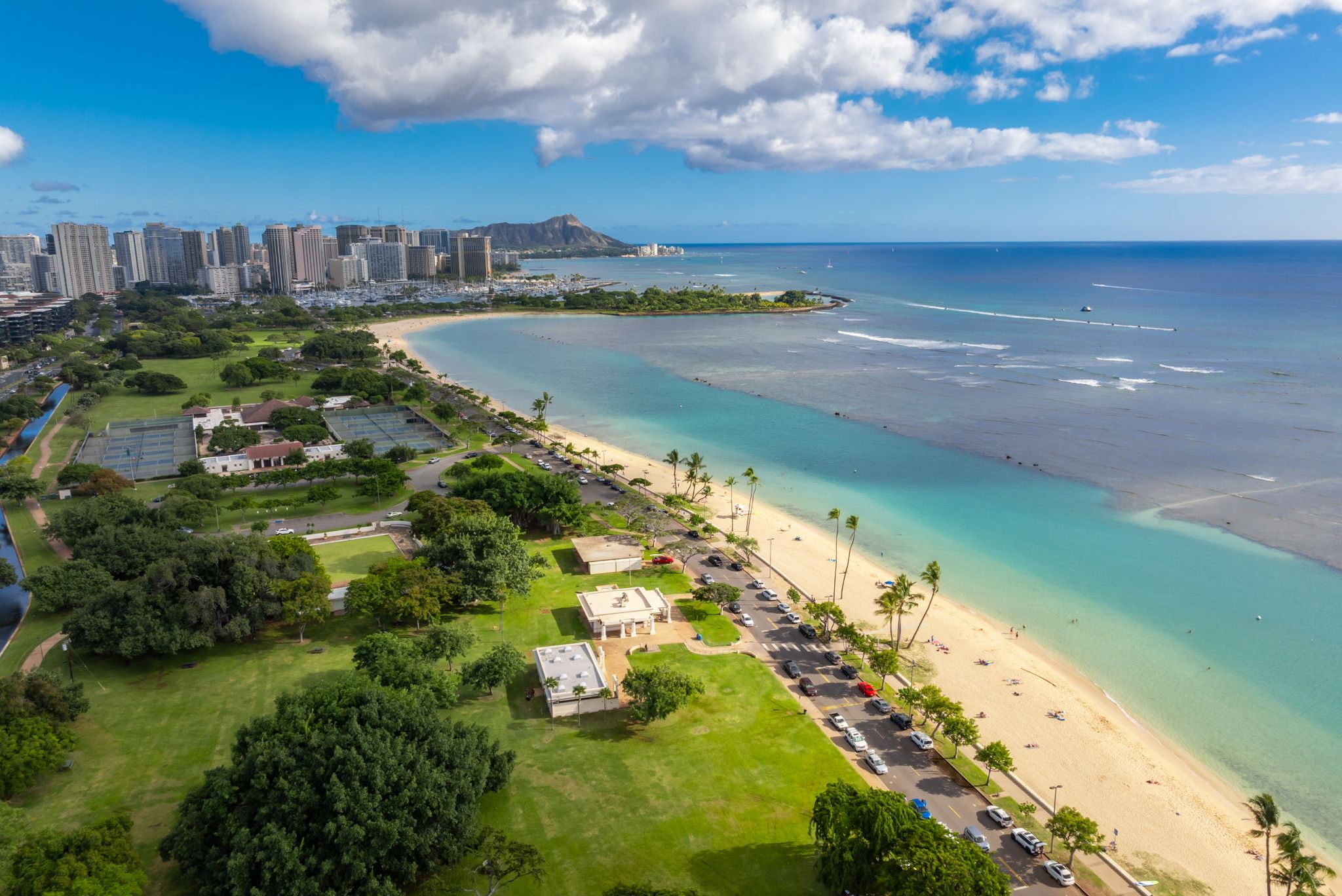 aerial view of Kakaako looking over the ocean toward Waikiki and Diamond Head